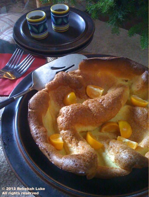 New Year's Day breakfast: Instead of finishing the Dutch Baby with powdered sugar and lemon, I chose maple syrup and fresh calamansi wedges.