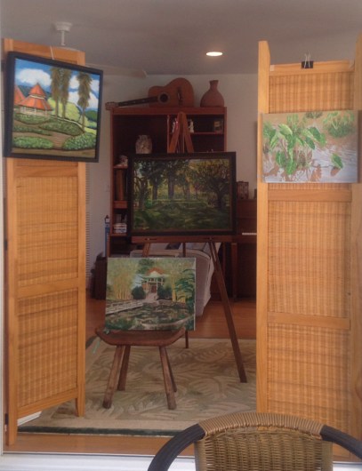 Grouping of paintings includes images of Moanalua Gardens. At left: Prince Lot's cottage by Leinani Keppeler-Bortles. Center: Kamaipuupaa hula mound by Rebekah Luke. Bottom: Chinese Hall by Rae Gorman. Right: Kalo (pu‘epu‘e style) by Rae Gorman.