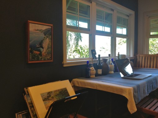 A new print rack displays my repros professionally below "My Corniglia," an image I made of the Ligurian coastline. Studio props for my still life classes are out in the open for easy access.