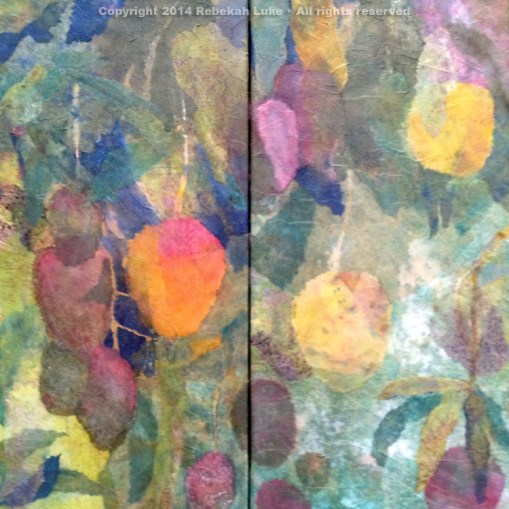 Mango Collage. 22.25" x 22.25" hand-dyed tissue paper on canvas