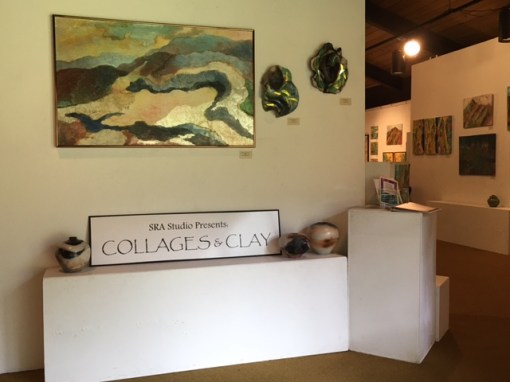 A sparkling collage painting and ceramic masks by Susan Rogers-Aregger greet visitors to new exhibit